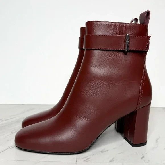 New Longchamp Burgundy/Brown Leather Ankle Boot Bootie with Heel Size41 US 10 - Picture 1 of 6